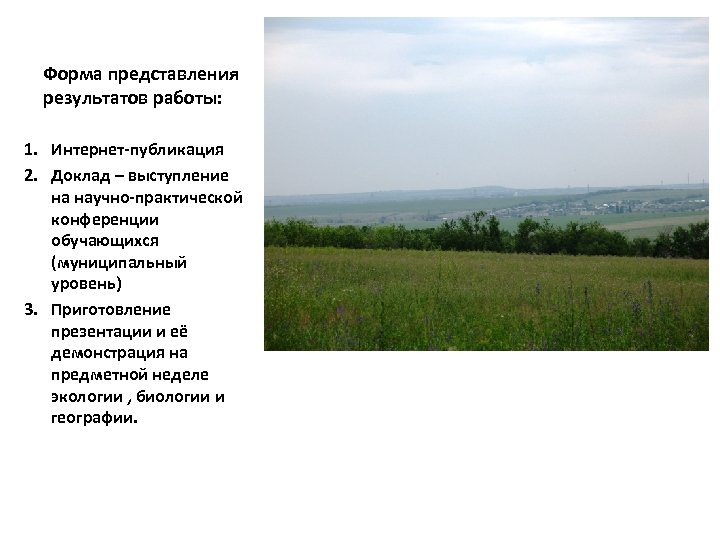 Форма представления результатов работы: 1. Интернет-публикация 2. Доклад – выступление на научно-практической конференции обучающихся
