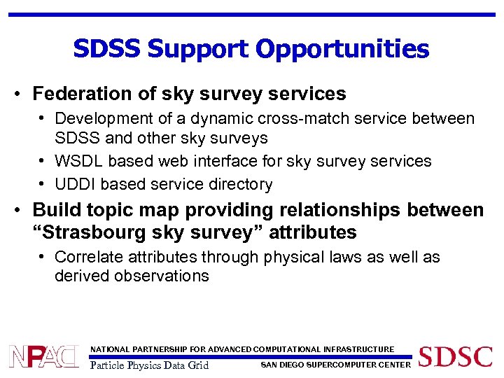 SDSS Support Opportunities • Federation of sky survey services • Development of a dynamic