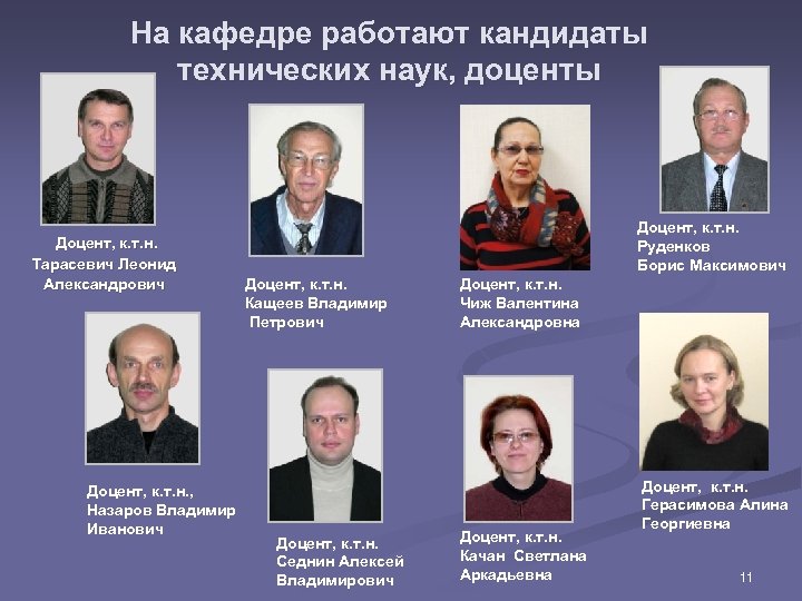 На кафедре работают кандидаты технических наук, доценты Доцент, к. т. н. Тарасевич Леонид Александрович