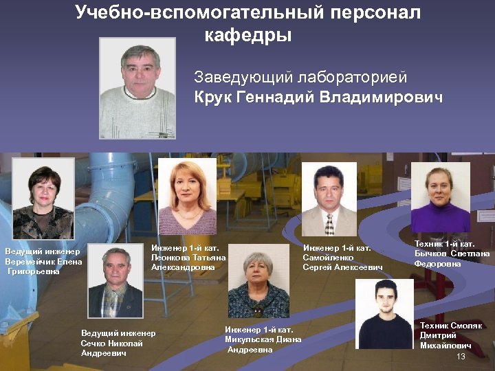 Учебно-вспомогательный персонал кафедры Заведующий лабораторией Крук Геннадий Владимирович Ведущий инженер Веремейчик Елена Григорьевна Инженер