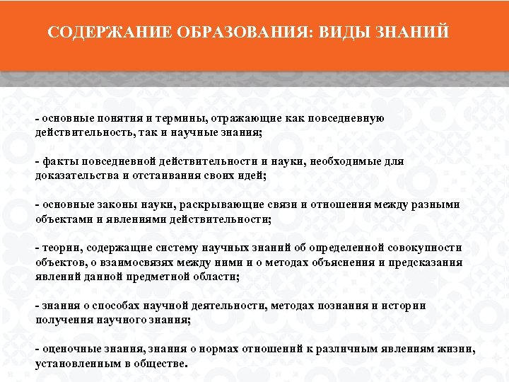 СОДЕРЖАНИЕ ОБРАЗОВАНИЯ: ВИДЫ ЗНАНИЙ - основные понятия и термины, отражающие как повседневную действительность, так