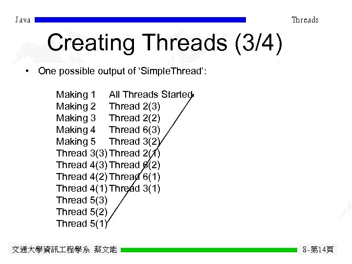 Java Threads Creating Threads (3/4) • One possible output of ‘Simple. Thread’: Making 1