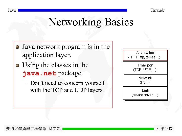 Java Threads Networking Basics Java network program is in the application layer. Using the
