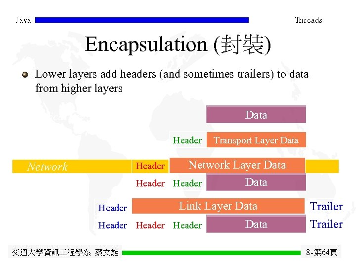 Java Threads Encapsulation (封裝) Lower layers add headers (and sometimes trailers) to data from