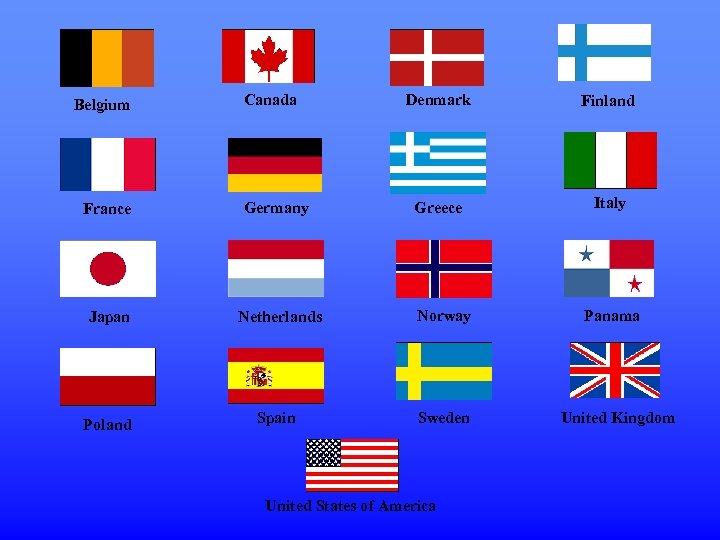 Belgium Canada Denmark Finland Greece Italy France Germany Japan Netherlands Norway Poland Spain Sweden