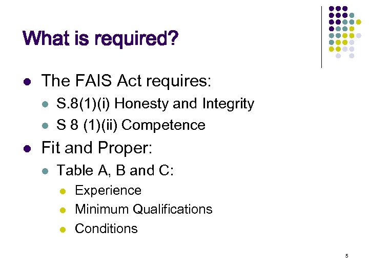 What is required? l The FAIS Act requires: l l l S. 8(1)(i) Honesty