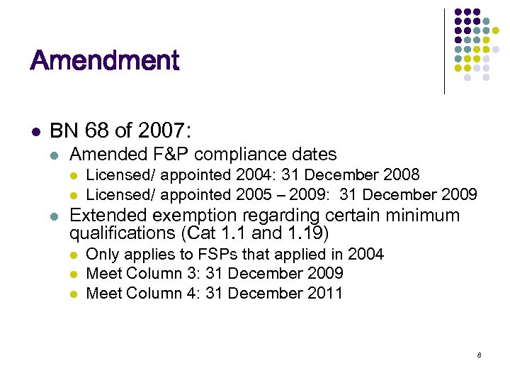 Amendment l BN 68 of 2007: l Amended F&P compliance dates l l l