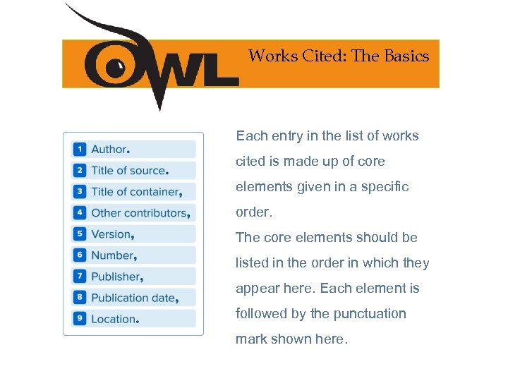 Works Cited: The Basics Each entry in the list of works cited is made