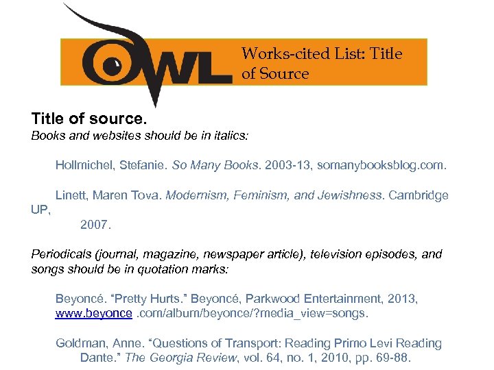 Works-cited List: Title of Source Title of source. Books and websites should be in