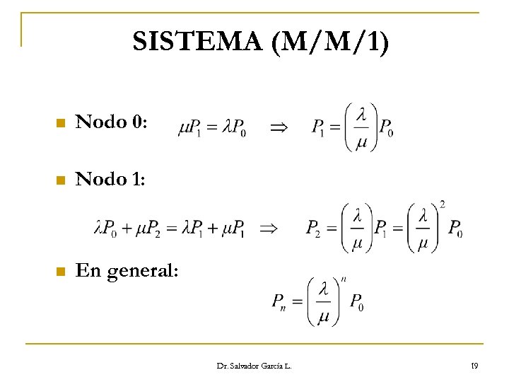 SISTEMA (M/M/1) n Nodo 0: n Nodo 1: n En general: Dr. Salvador García