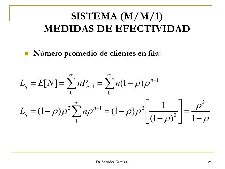 SISTEMA (M/M/1) MEDIDAS DE EFECTIVIDAD n Número promedio de clientes en fila: Dr. Salvador