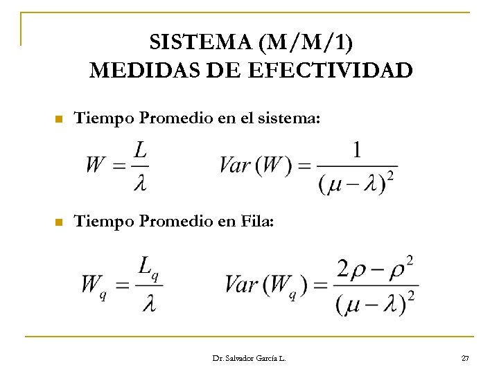 SISTEMA (M/M/1) MEDIDAS DE EFECTIVIDAD n Tiempo Promedio en el sistema: n Tiempo Promedio