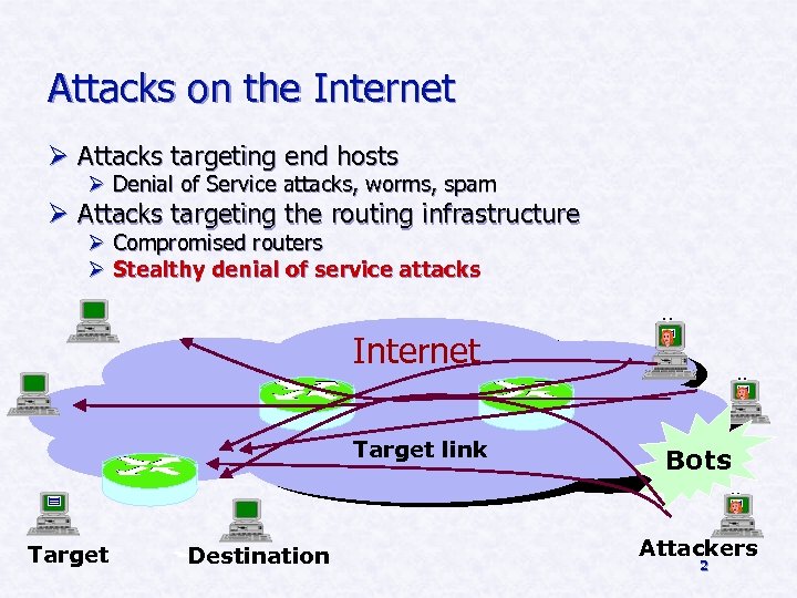 Attacks on the Internet Ø Attacks targeting end hosts Ø Denial of Service attacks,