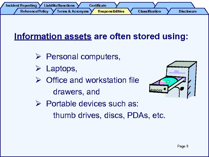 Incident Reporting Liability/Sanctions Reference/Policy Terms & Acronyms Certificate Responsibilities Classification Disclosure Information assets are