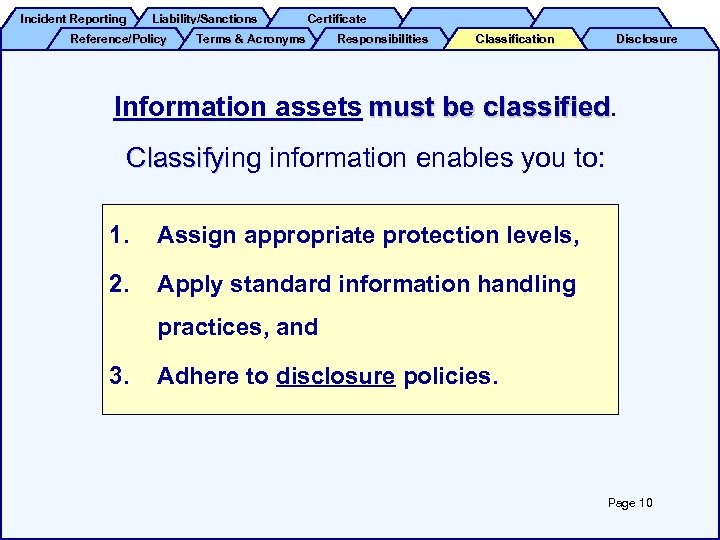Incident Reporting Liability/Sanctions Reference/Policy Certificate Terms & Acronyms Responsibilities Classification Disclosure Information assets must