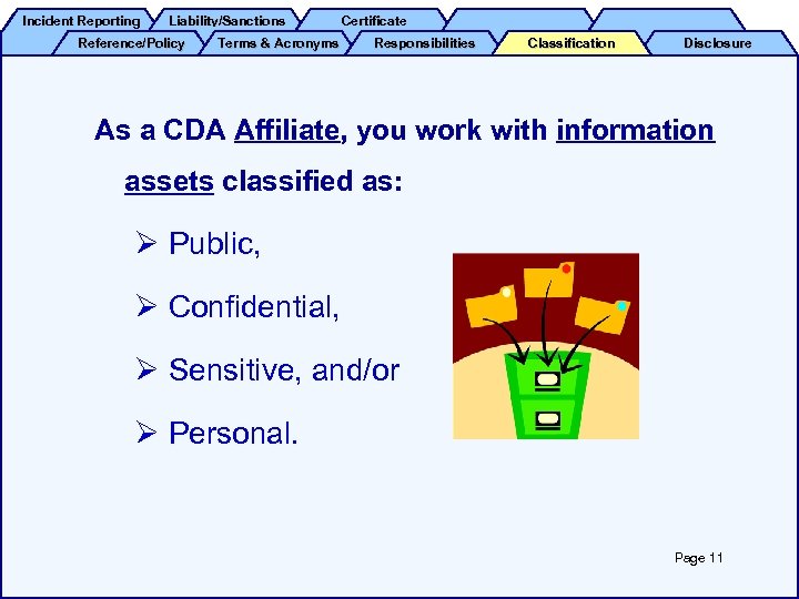 Incident Reporting Liability/Sanctions Reference/Policy Terms & Acronyms Certificate Responsibilities Classification Disclosure As a CDA