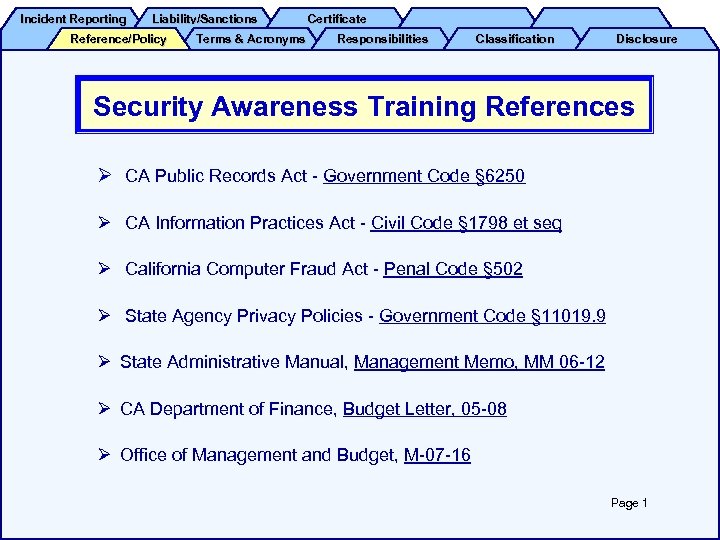 Incident Reporting Liability/Sanctions Reference/Policy Terms & Acronyms Certificate Responsibilities Classification Disclosure Security Awareness Training