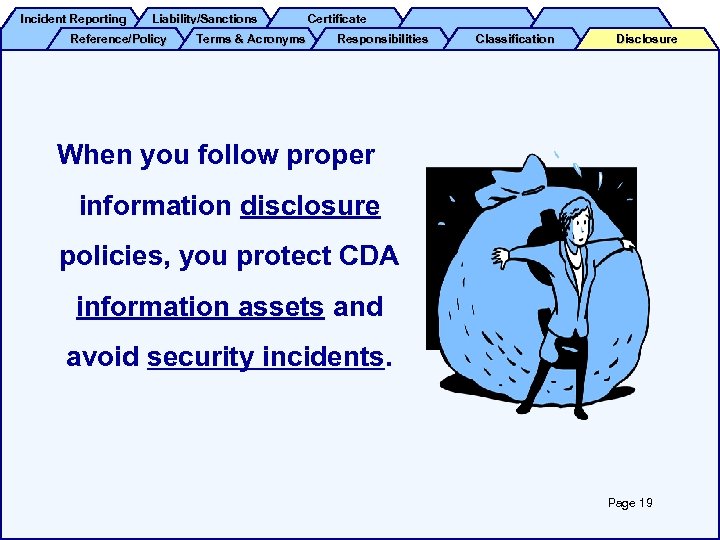 Incident Reporting Liability/Sanctions Reference/Policy Terms & Acronyms Certificate Responsibilities Classification Disclosure When you follow