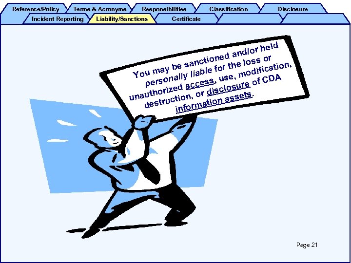 Reference/Policy Terms & Acronyms Incident Reporting Responsibilities Liability/Sanctions Classification Disclosure Certificate eld d/or h