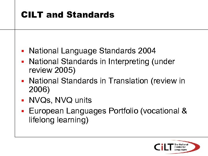 CILT and Standards § § § National Language Standards 2004 National Standards in Interpreting