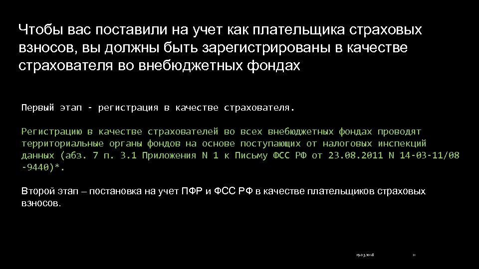 Чтобы вас поставили на учет как плательщика страховых взносов, вы должны быть зарегистрированы в