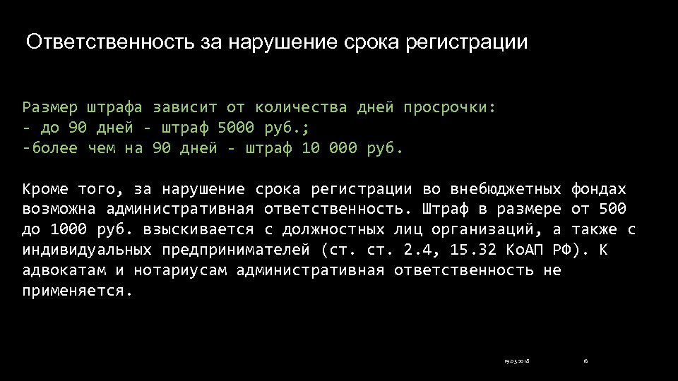 Ответственность за нарушение срока регистрации Размер штрафа зависит от количества дней просрочки: - до