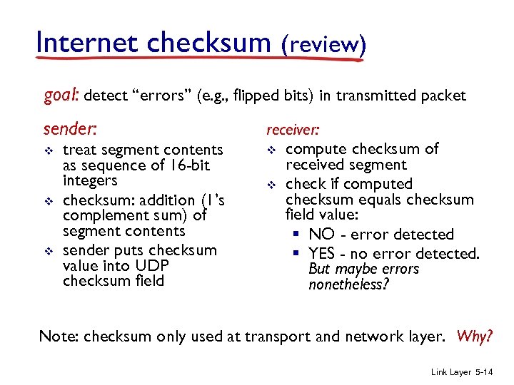 Internet checksum (review) goal: detect “errors” (e. g. , flipped bits) in transmitted packet