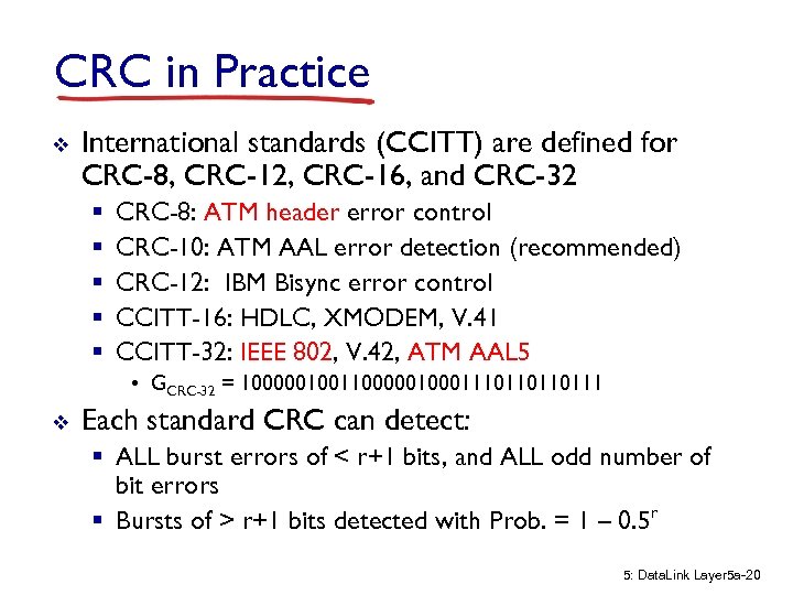 CRC in Practice v International standards (CCITT) are defined for CRC-8, CRC-12, CRC-16, and