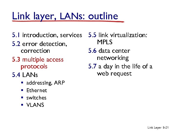 Link layer, LANs: outline 5. 1 introduction, services 5. 5 link virtualization: MPLS 5.