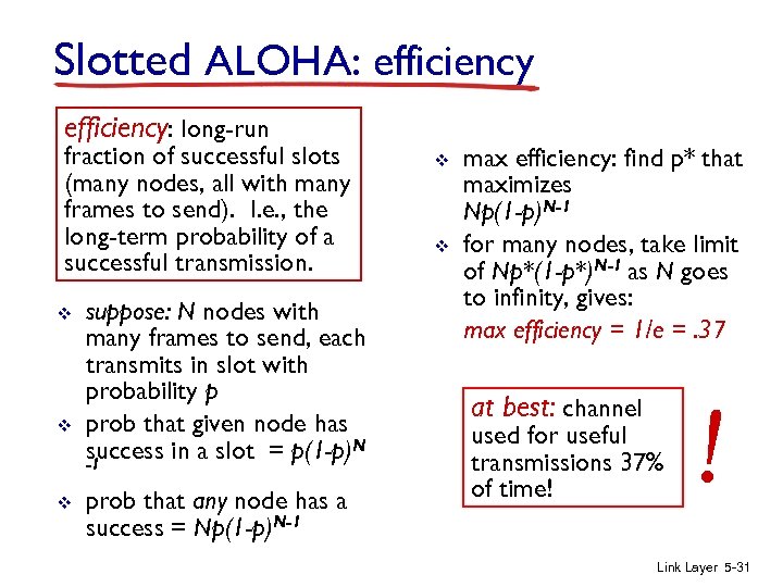 Slotted ALOHA: efficiency: long-run fraction of successful slots (many nodes, all with many frames