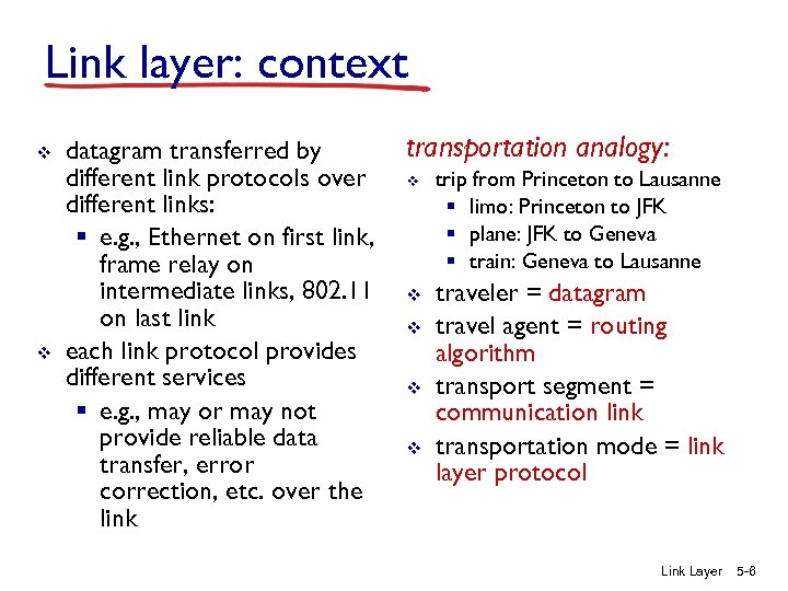 Link layer: context v v datagram transferred by different link protocols over different links: