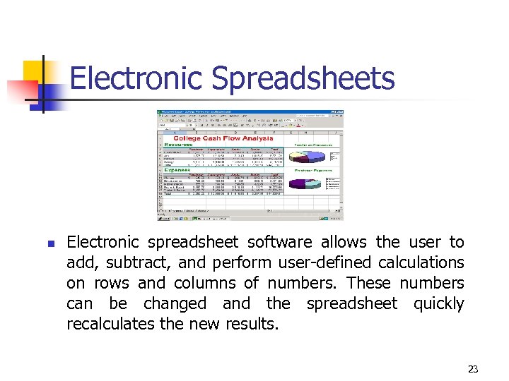 Electronic Spreadsheets n Electronic spreadsheet software allows the user to add, subtract, and perform