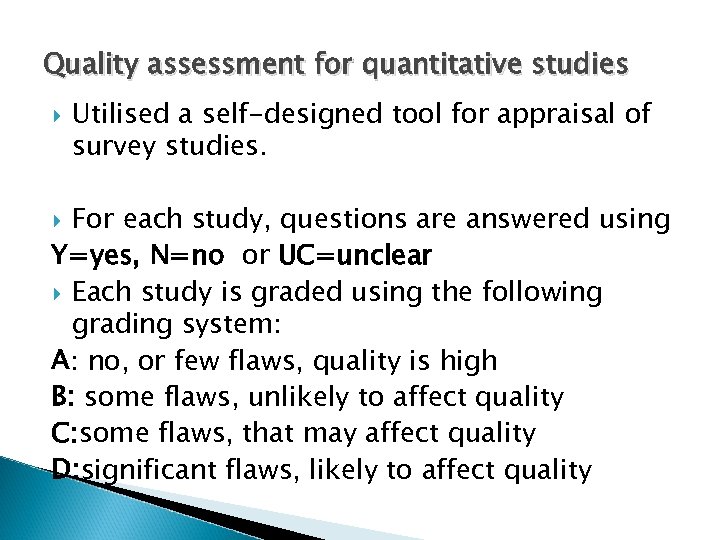 Quality assessment for quantitative studies Utilised a self-designed tool for appraisal of survey studies.