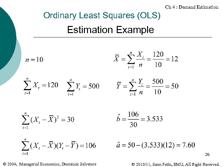 Ch 4 : Demand Estimation Ordinary Least Squares (OLS) Estimation Example 26 © 2004,