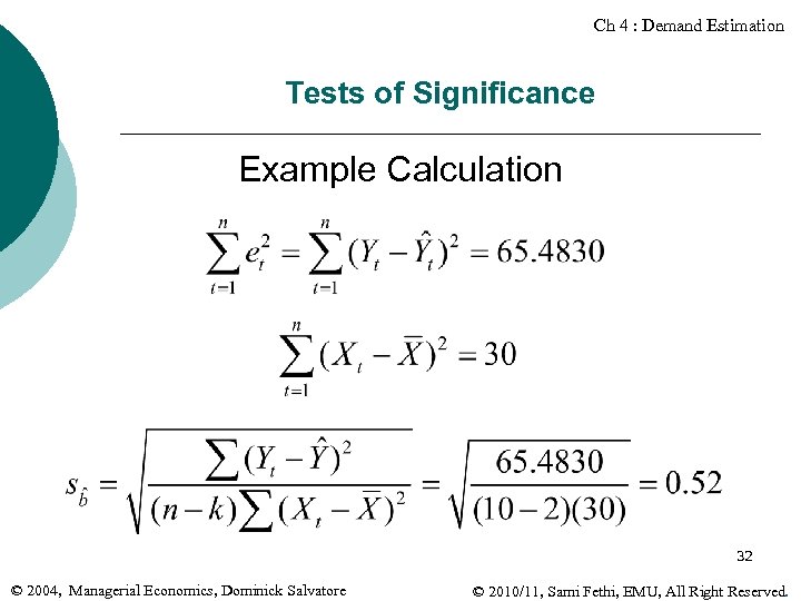 Ch 4 : Demand Estimation Tests of Significance Example Calculation 32 © 2004, Managerial