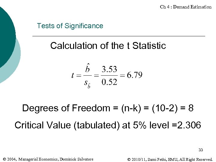 Ch 4 : Demand Estimation Tests of Significance Calculation of the t Statistic Degrees