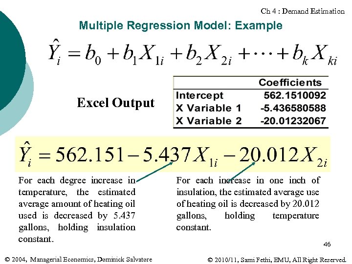 Ch 4 : Demand Estimation Multiple Regression Model: Example Excel Output For each degree