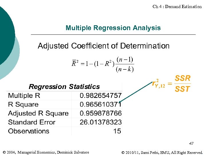 Ch 4 : Demand Estimation Multiple Regression Analysis Adjusted Coefficient of Determination 47 ©