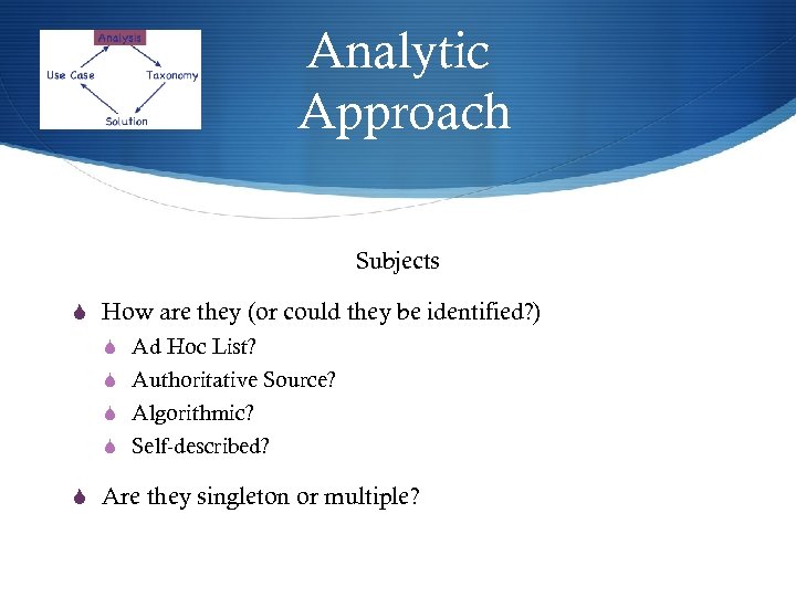 Analytic Approach Subjects S How are they (or could they be identified? ) S