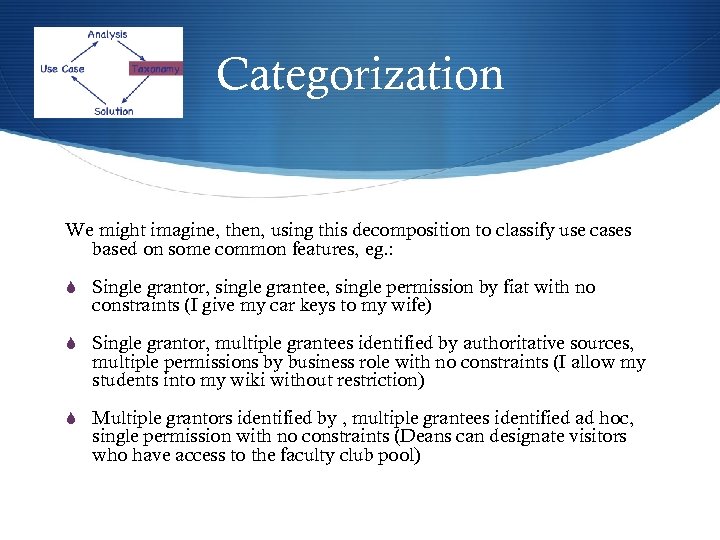 Categorization We might imagine, then, using this decomposition to classify use cases based on