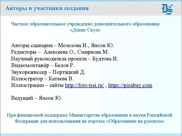 Авторы и участники создания Частное образовательное учреждение дополнительного образования «Денис Скул» Авторы сценария –