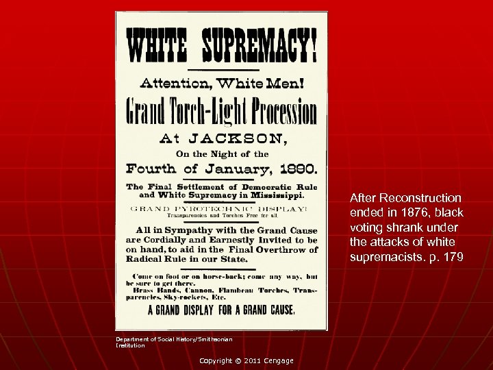 After Reconstruction ended in 1876, black voting shrank under the attacks of white supremacists.