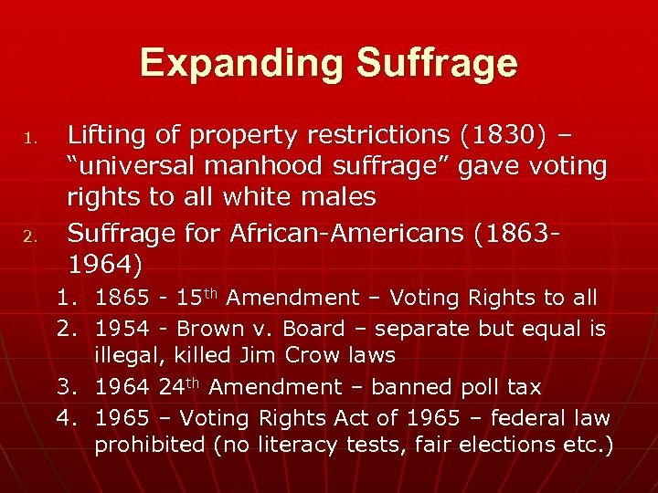 Expanding Suffrage 1. 2. Lifting of property restrictions (1830) – “universal manhood suffrage” gave