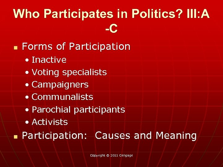 Who Participates in Politics? III: A -C n Forms of Participation • Inactive •