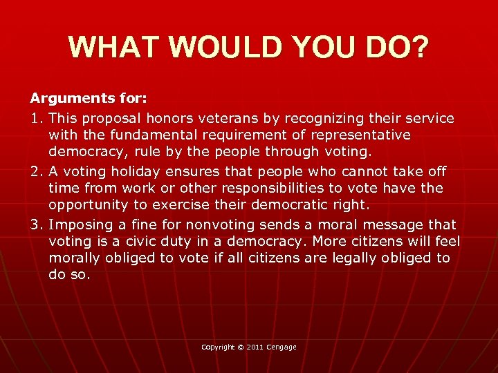 WHAT WOULD YOU DO? Arguments for: 1. This proposal honors veterans by recognizing their