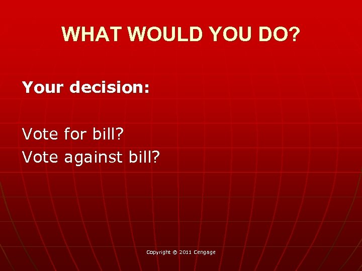 WHAT WOULD YOU DO? Your decision: Vote for bill? Vote against bill? Copyright ©