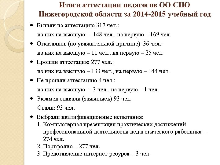 Итоги аттестации педагогов ОО СПО Нижегородской области за 2014 -2015 учебный год Вышли на