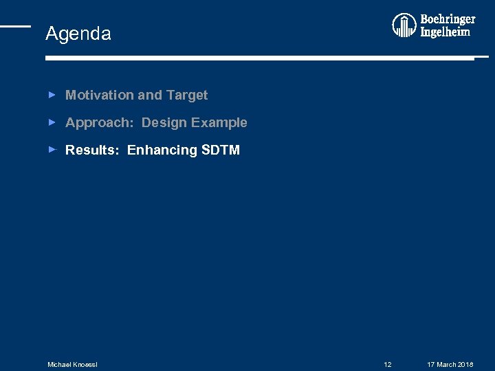 Agenda Motivation and Target Approach: Design Example Results: Enhancing SDTM Michael Knoessl 12 17