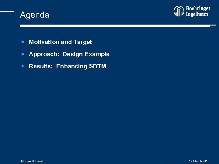 Agenda Motivation and Target Approach: Design Example Results: Enhancing SDTM Michael Knoessl 3 17