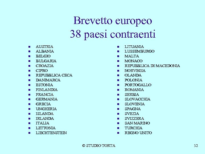 Brevetto europeo 38 paesi contraenti n n n n n AUSTRIA ALBANIA BELGIO BULGARIA